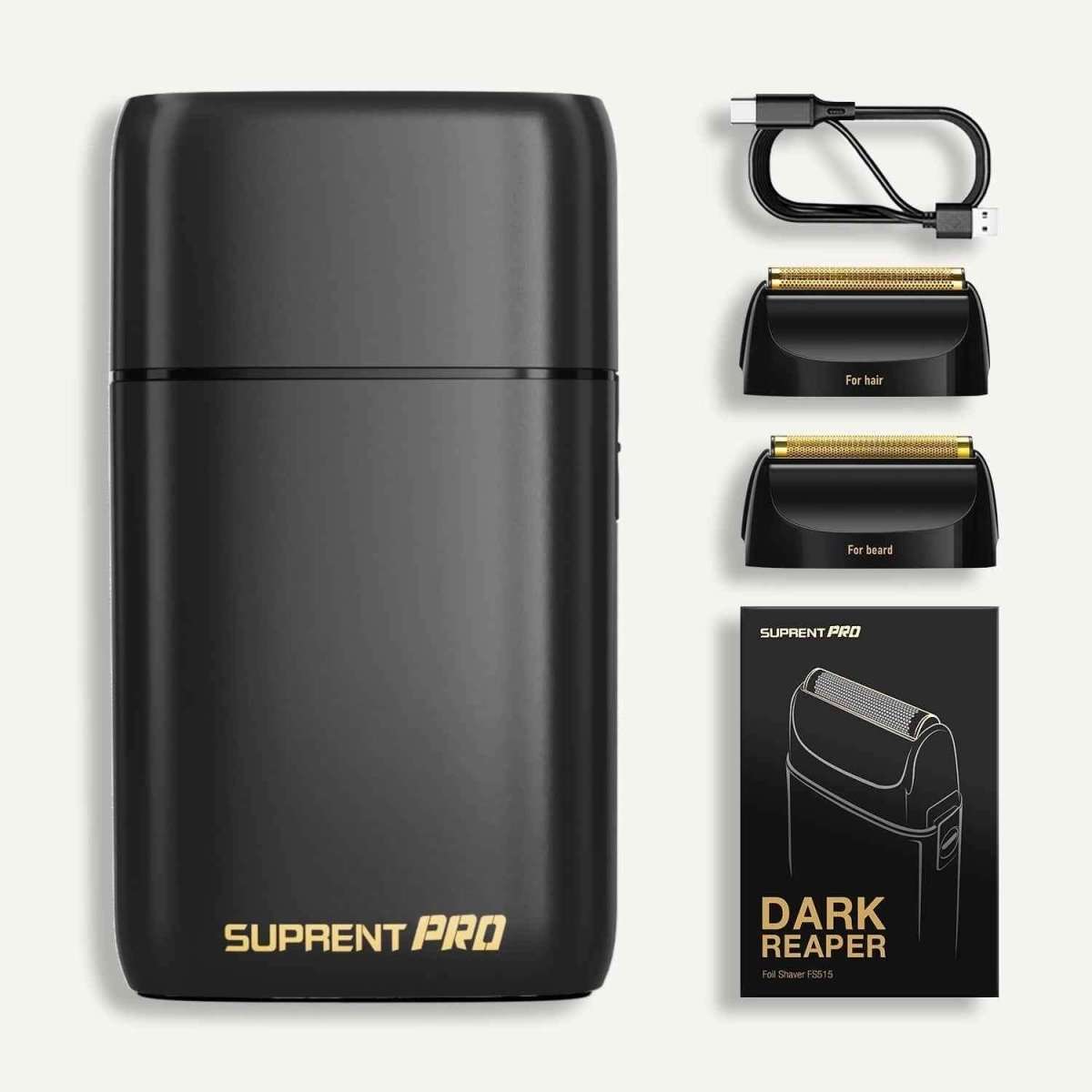Professional foil shaver kit with black body, gold foil head, and product packaging