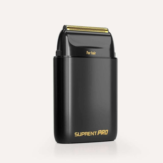 Professional foil shaver with black body and gold cutting head, for hair use