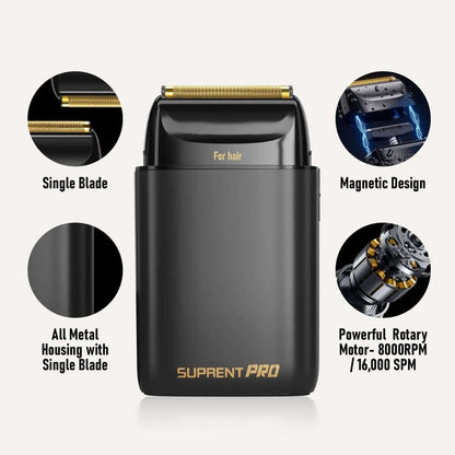 Professional foil shaver showing feature icons for single blade, magnetic design, and rotary motor