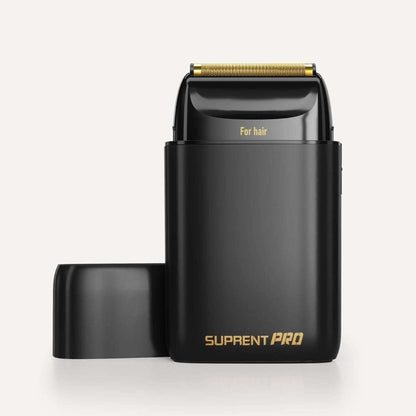 Professional foil shaver with black body and gold foil head, with matching dock