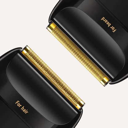Close-up of foil shaver head with gold textured blades on a black trimmer body