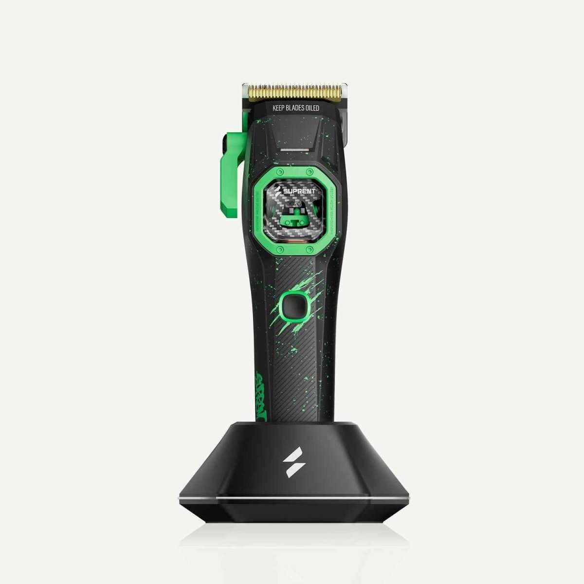 Black and green hair clipper with gold metal blade and charging dock base