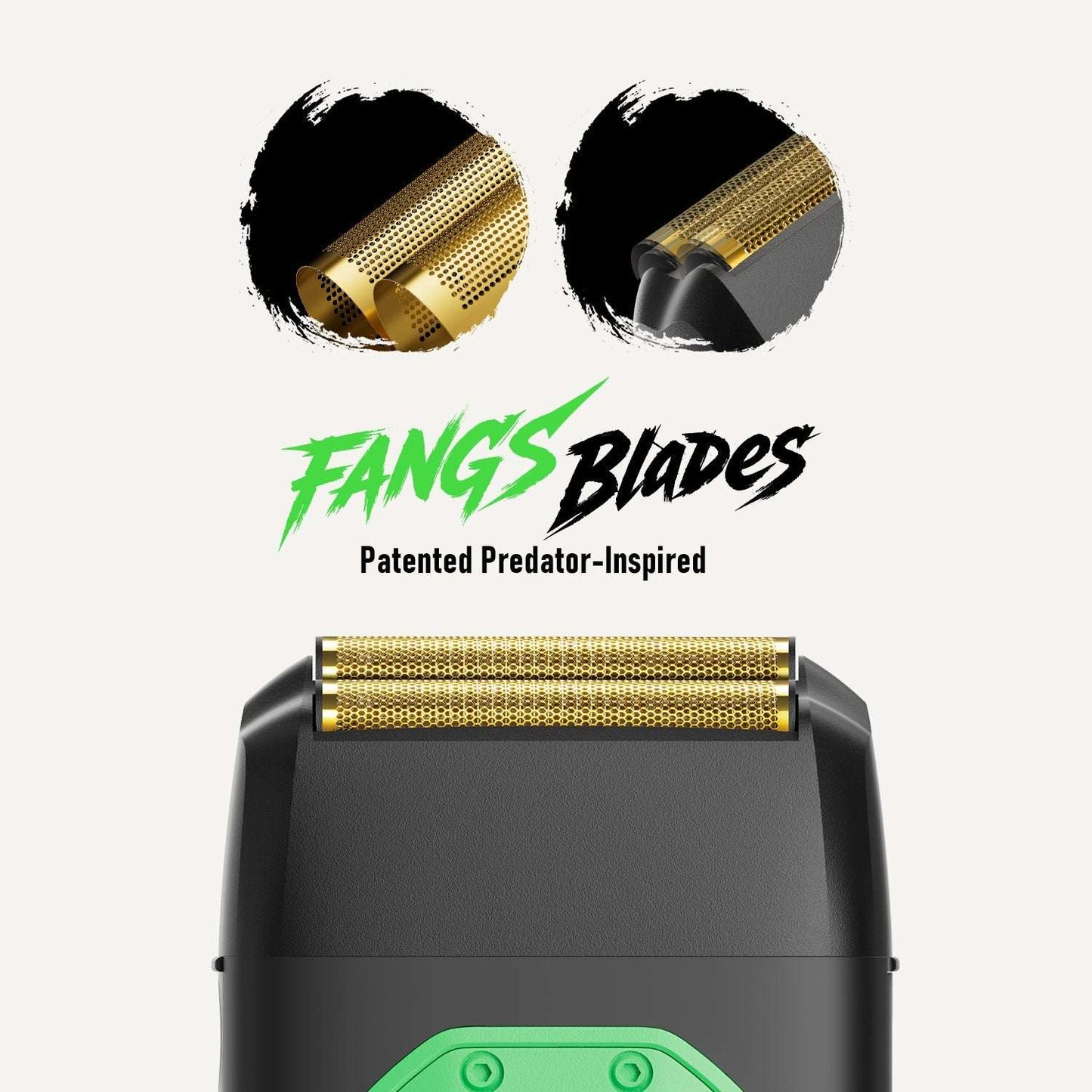 Gold foil blades on top of a black foil shaver body with green branding