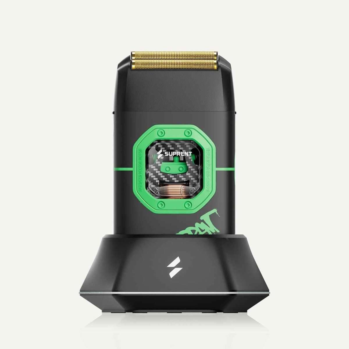 Black electric foil shaver with green control panel and exposed foil head
