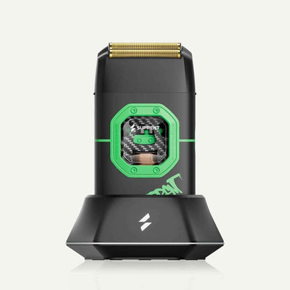 Black electric foil shaver with green control panel and exposed foil head
