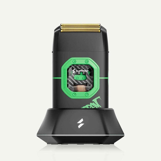 Black electric foil shaver with green control panel and exposed foil head