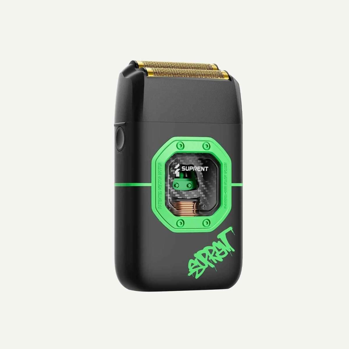 Black electric foil shaver with green display showing foil cartridge
