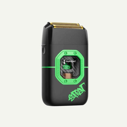 Black electric foil shaver with green display showing foil cartridge