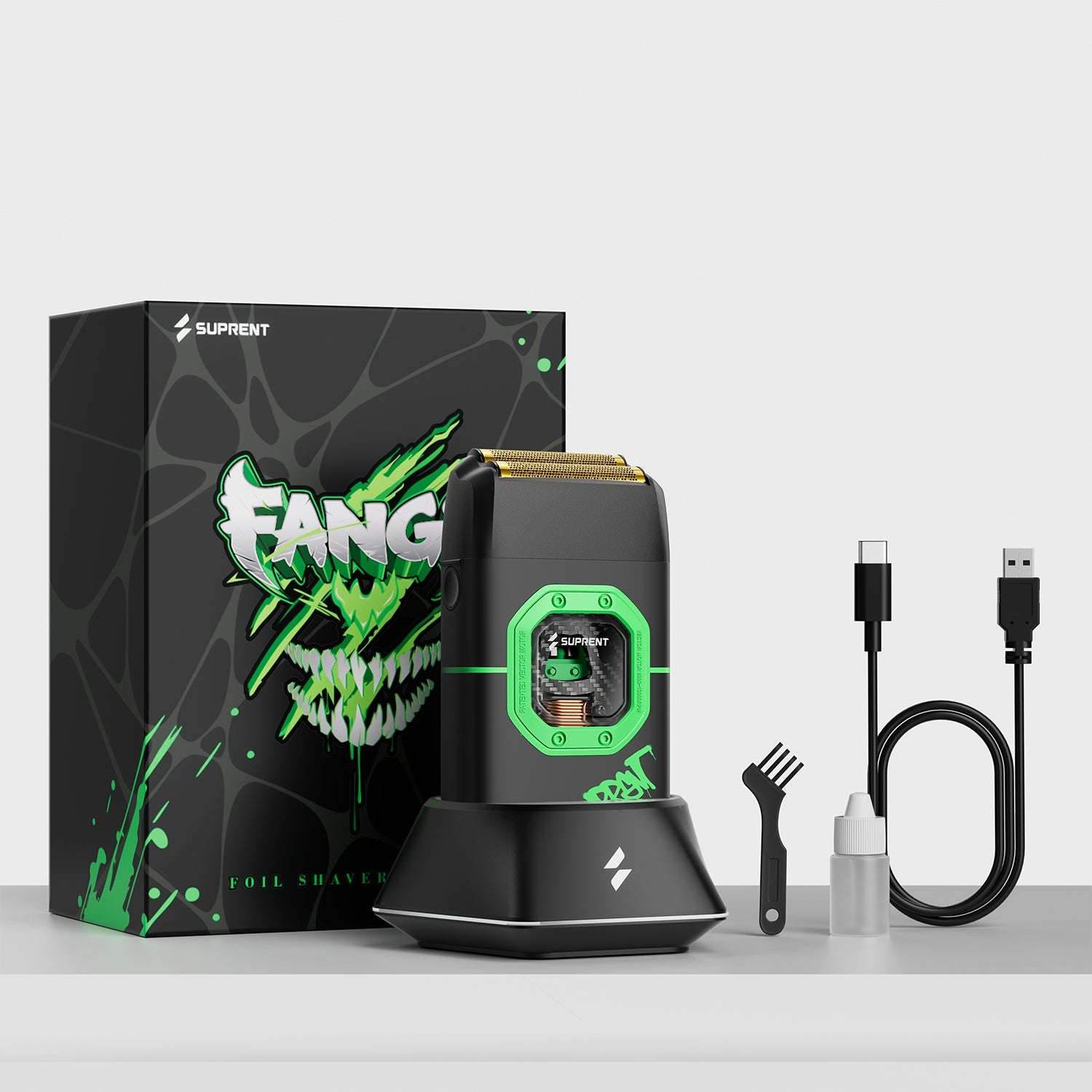 Foil shaver kit with black shaver, box, cable, adapter, and small accessories