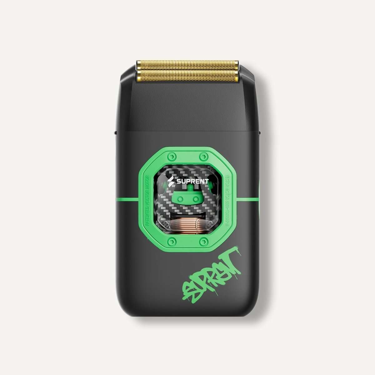 Black electric foil shaver front view with gold foil cutter and green accents