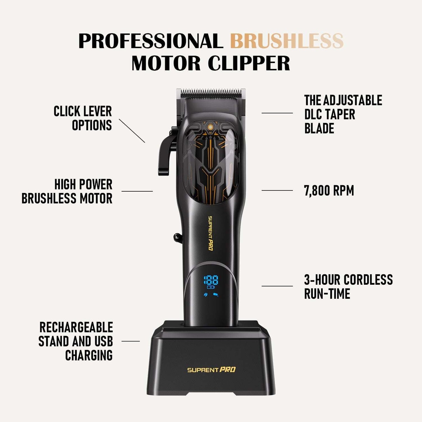 Professional black hair clipper with LED screen and charging base