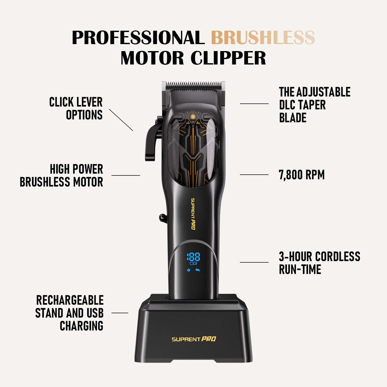 Professional black hair clipper with LED screen and charging base