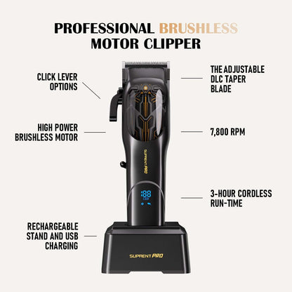 Professional black hair clipper with LED screen and charging base