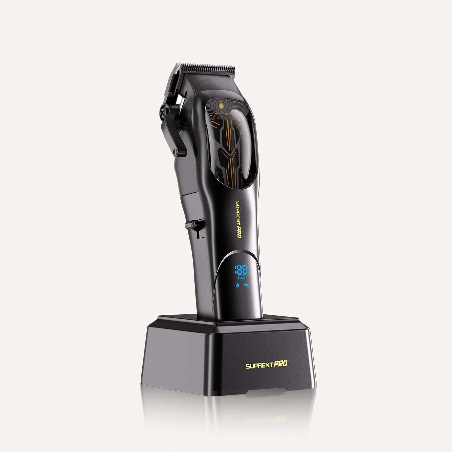 Black professional hair clipper with charging base and LED display