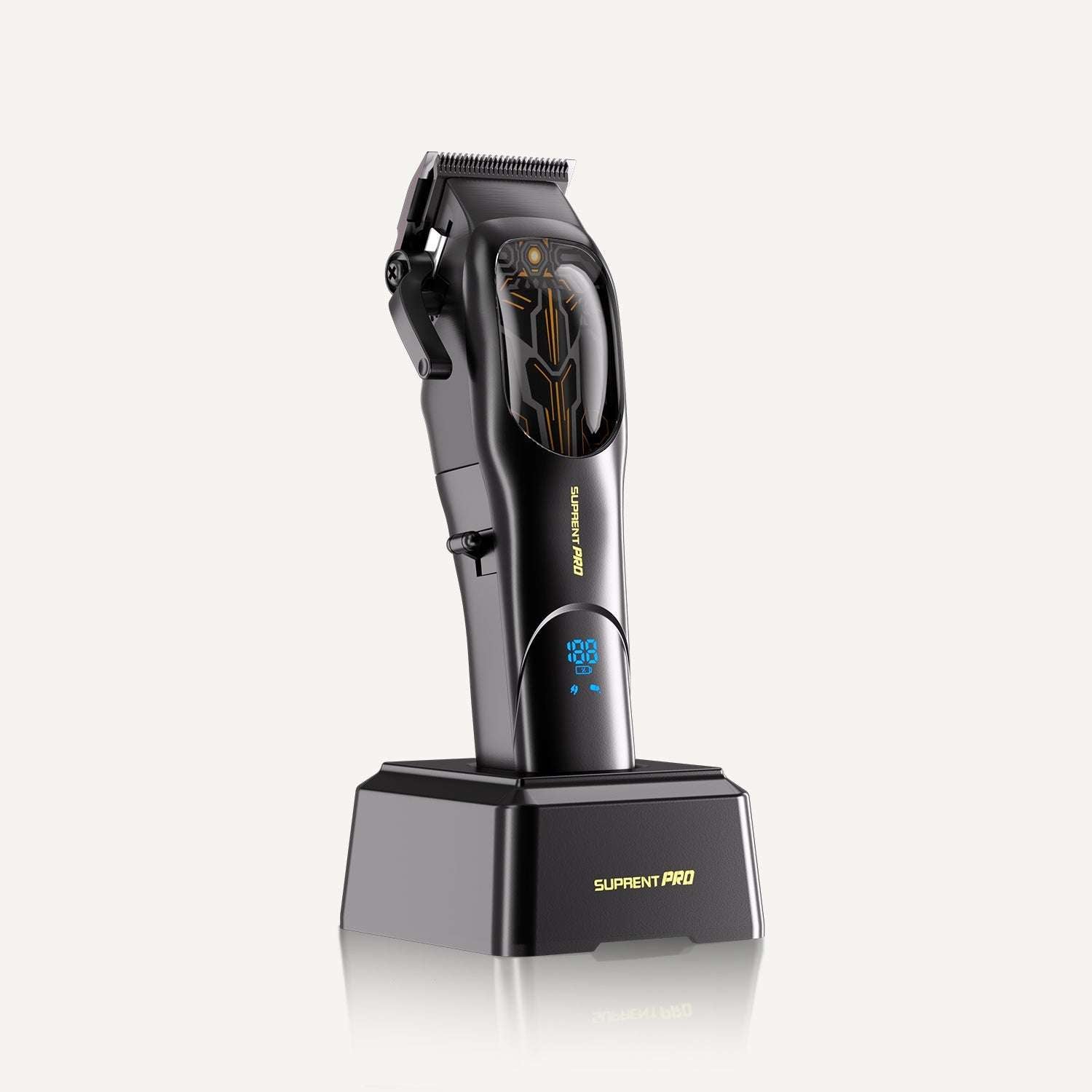 Black professional hair clipper with charging base and LED display