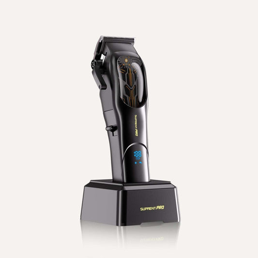 Black professional hair clipper with charging base and LED display