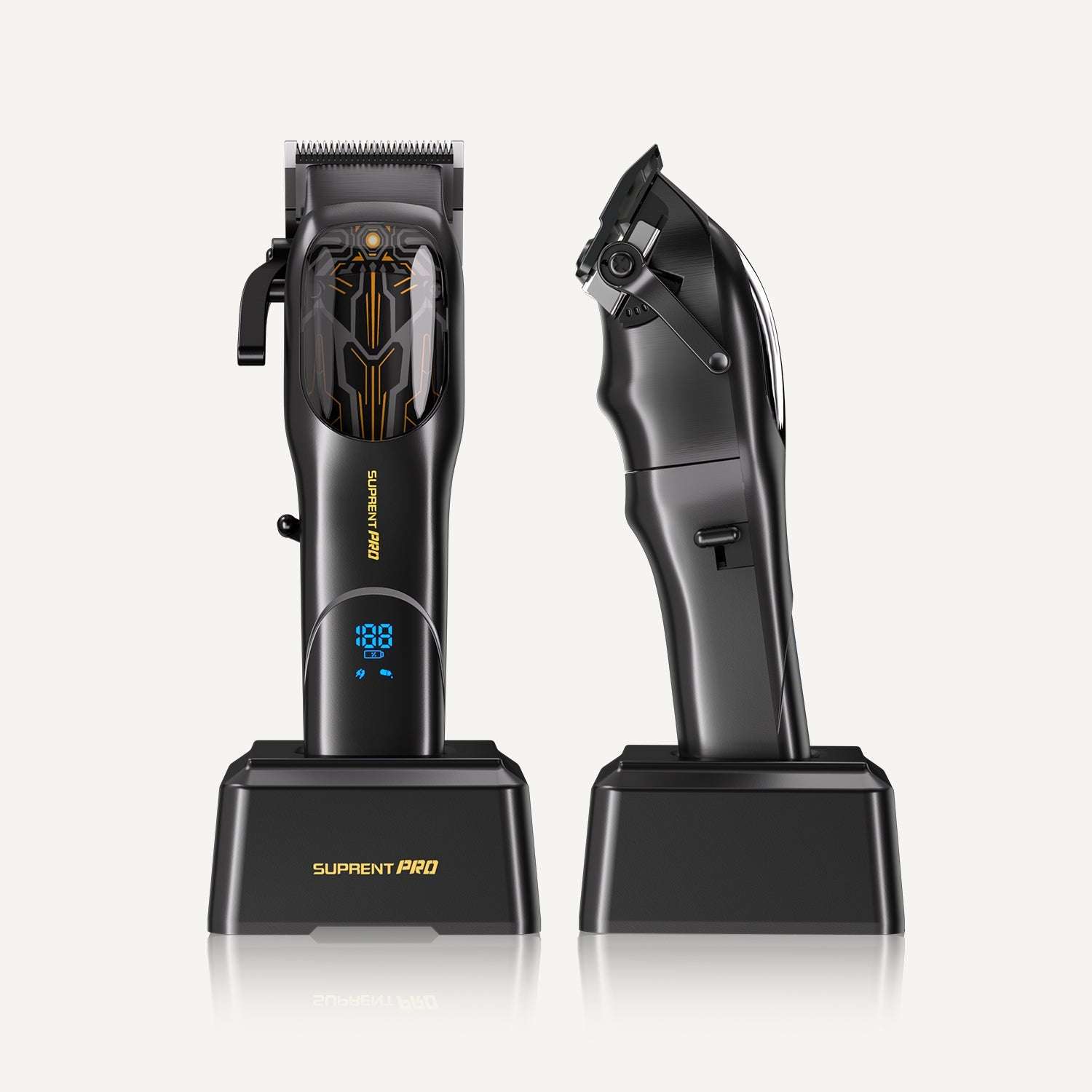Black hair clipper with side profile and charging dock