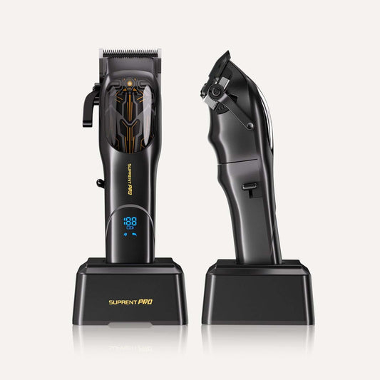 Black hair clipper with side profile and charging dock