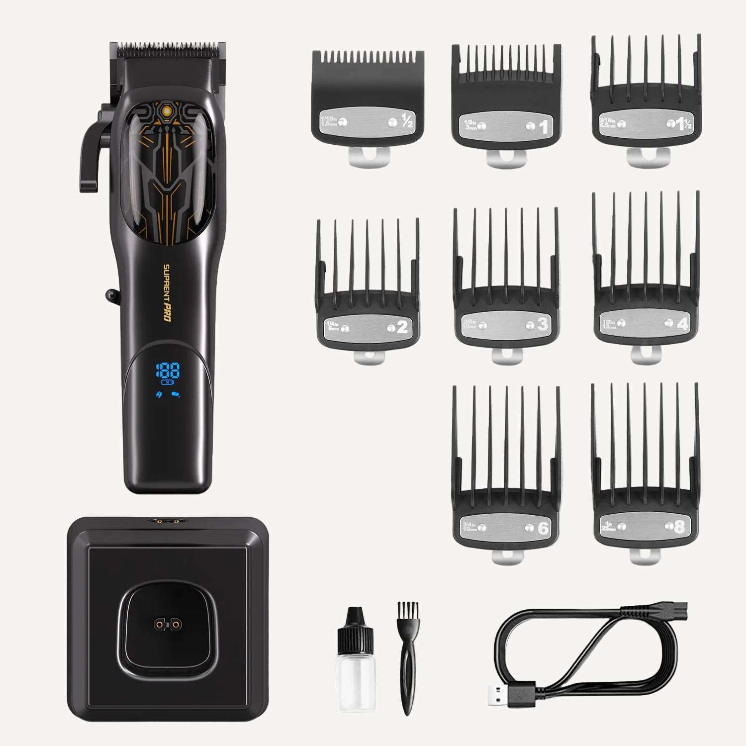 Set of black clipper guard attachments, charging dock, and cord