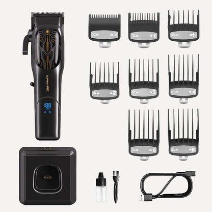 Set of black clipper guard attachments, charging dock, and cord