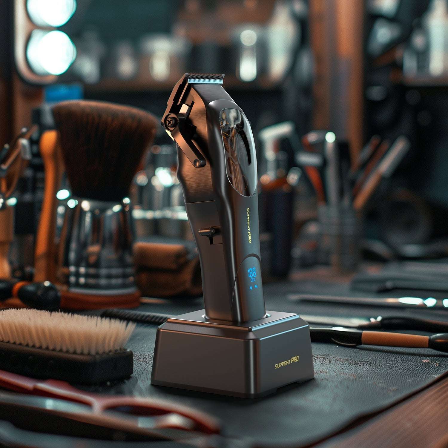 Black cordless hair clipper on a stand with grooming tools on the table