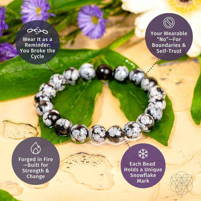 Snowflake obsidian bracelet with black and gray speckled beads, round stone design