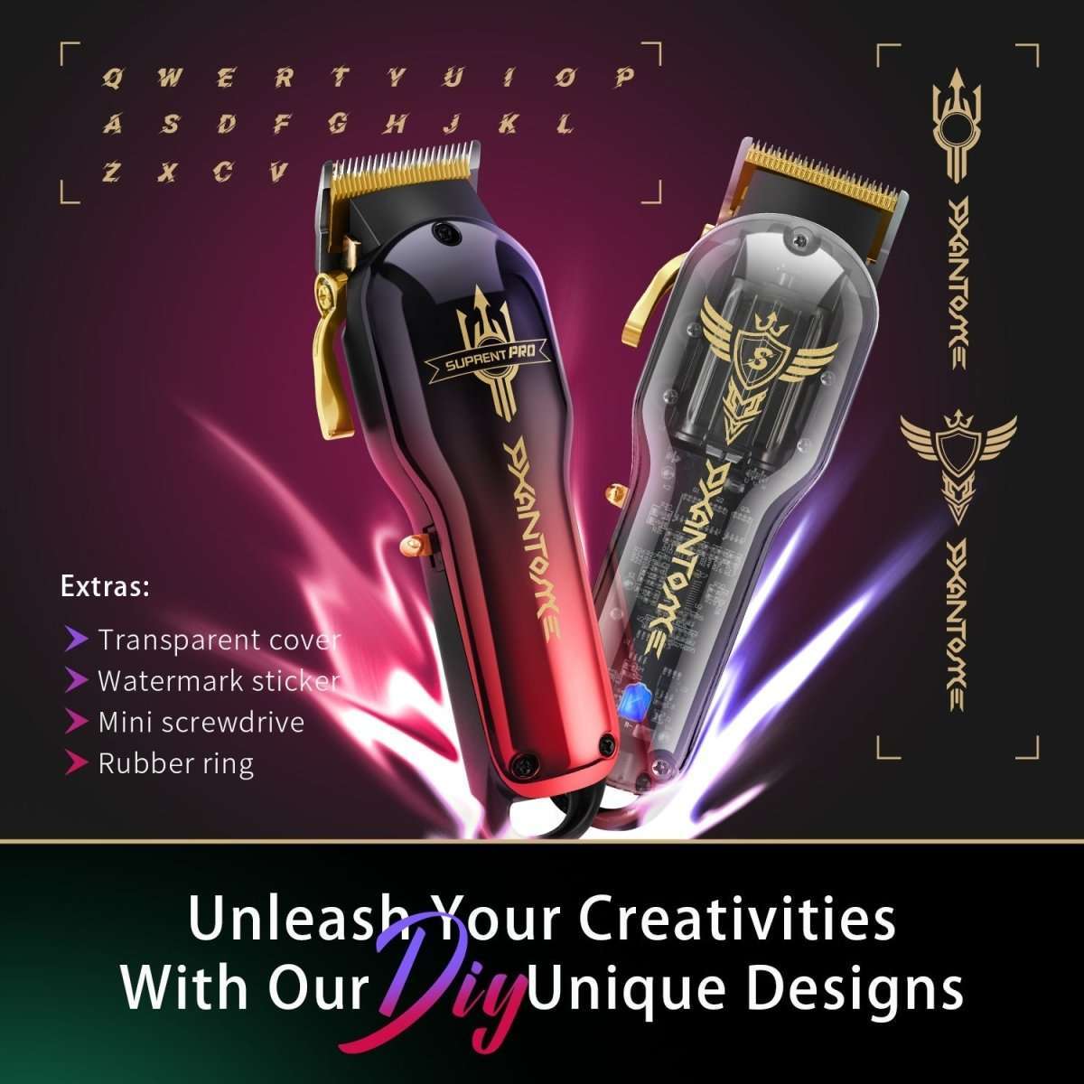 Red and black hair clipper with gold blades next to a second clipper.