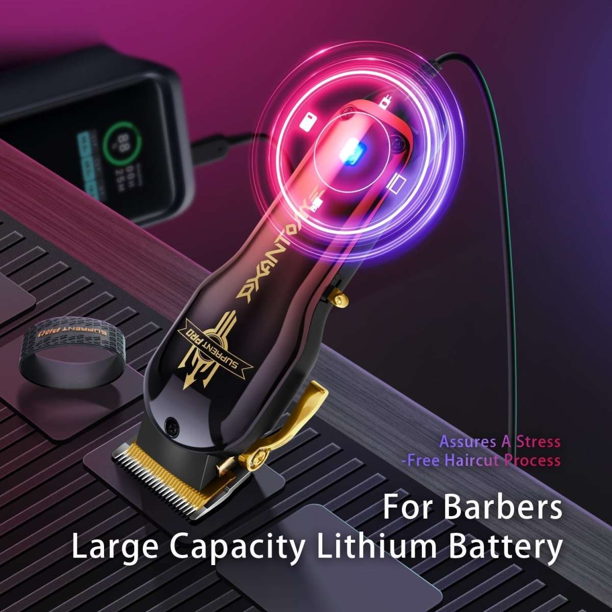 Black hair clipper with gold accents and illuminated motor area near the base.