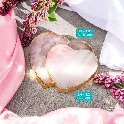 Pink heart coaster with gold rim; size notes 3.1–3.9 in and 2.4–3.2 in