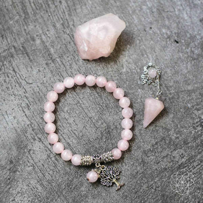 Rose quartz healing crystal set with bead bracelet, pendant, and raw crystal pieces