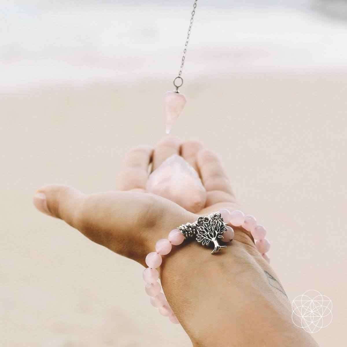 Rose quartz bead bracelet set with tree charm and rose quartz pendant on chain