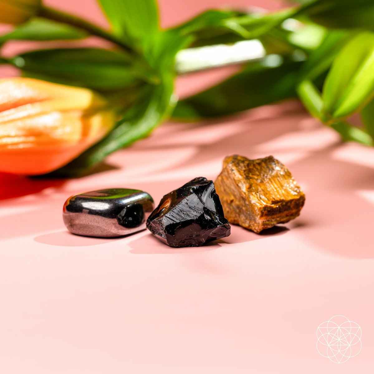 Three protection stones on pink surface: black, dark gray, and gold-brown rocks.