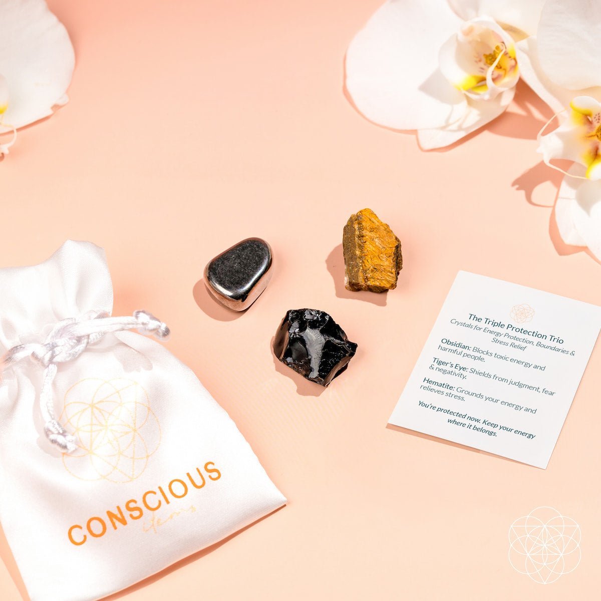 Pouch, care card, and three protection stones: black shard, dark gray, gold-brown.