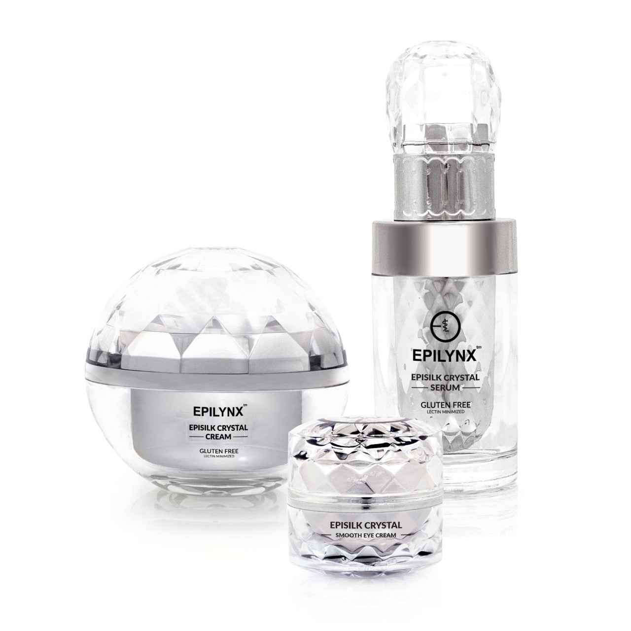 EPILYNX skincare set with cream jar, eye serum bottle, and serum bottle