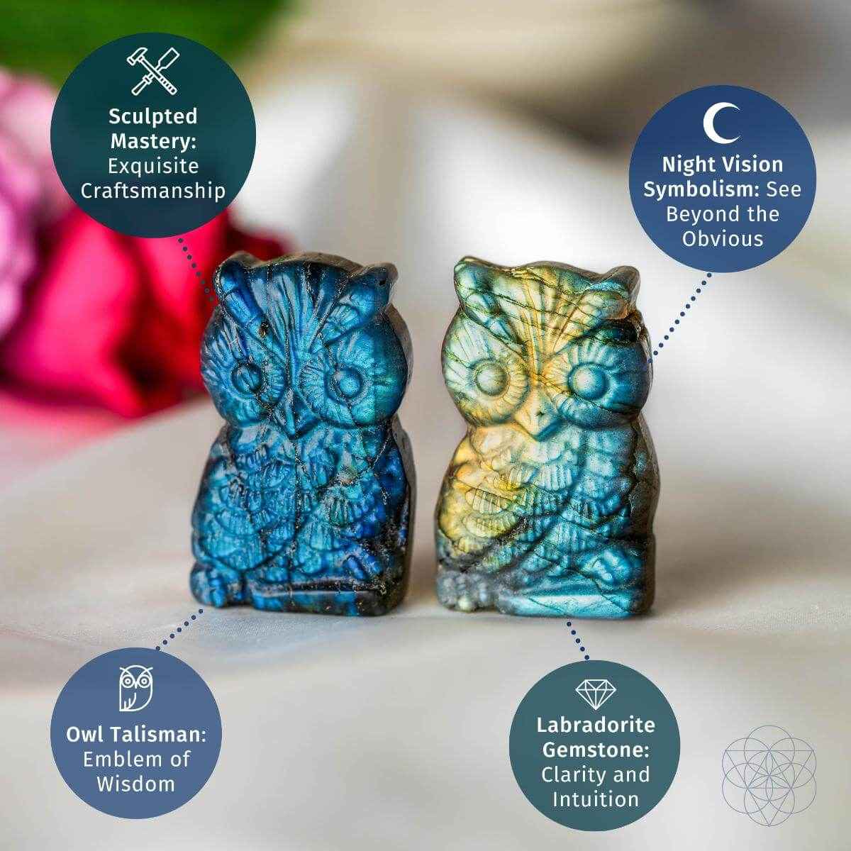 Two labradorite owl talismans, blue and multicolor, photographed together