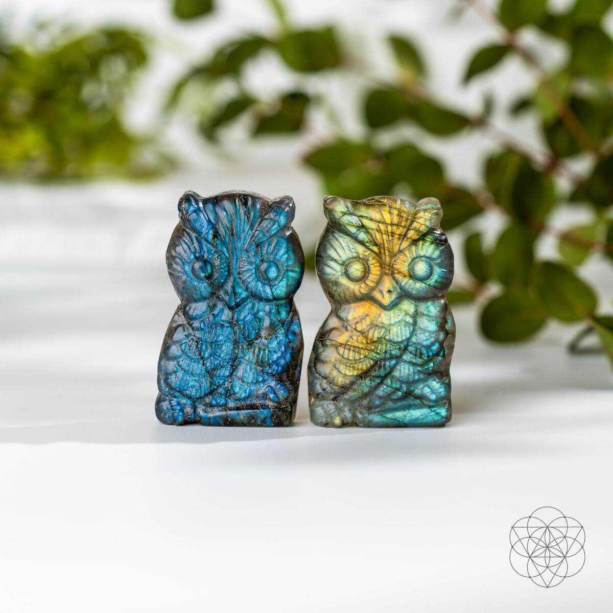 Two labradorite owl talismans standing side by side, blue and multicolor