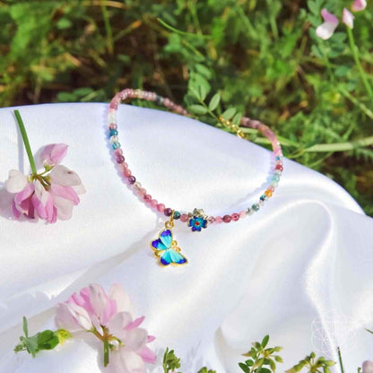 Multicolor stone anklet with blue flower charm and blue butterfly drop