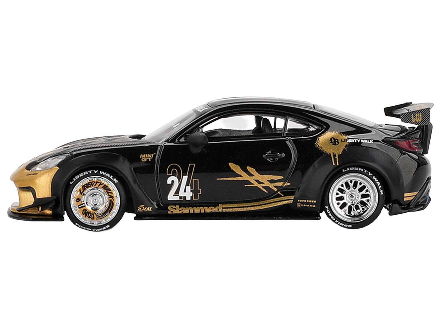 Toyota GR86 "LB-Nation - Liberty Walk" #24 Black with Carbon Hood and Gold Graphics Limited Edition 1/64 Diecast Model Car by Mini GT Cartsfy Inc.