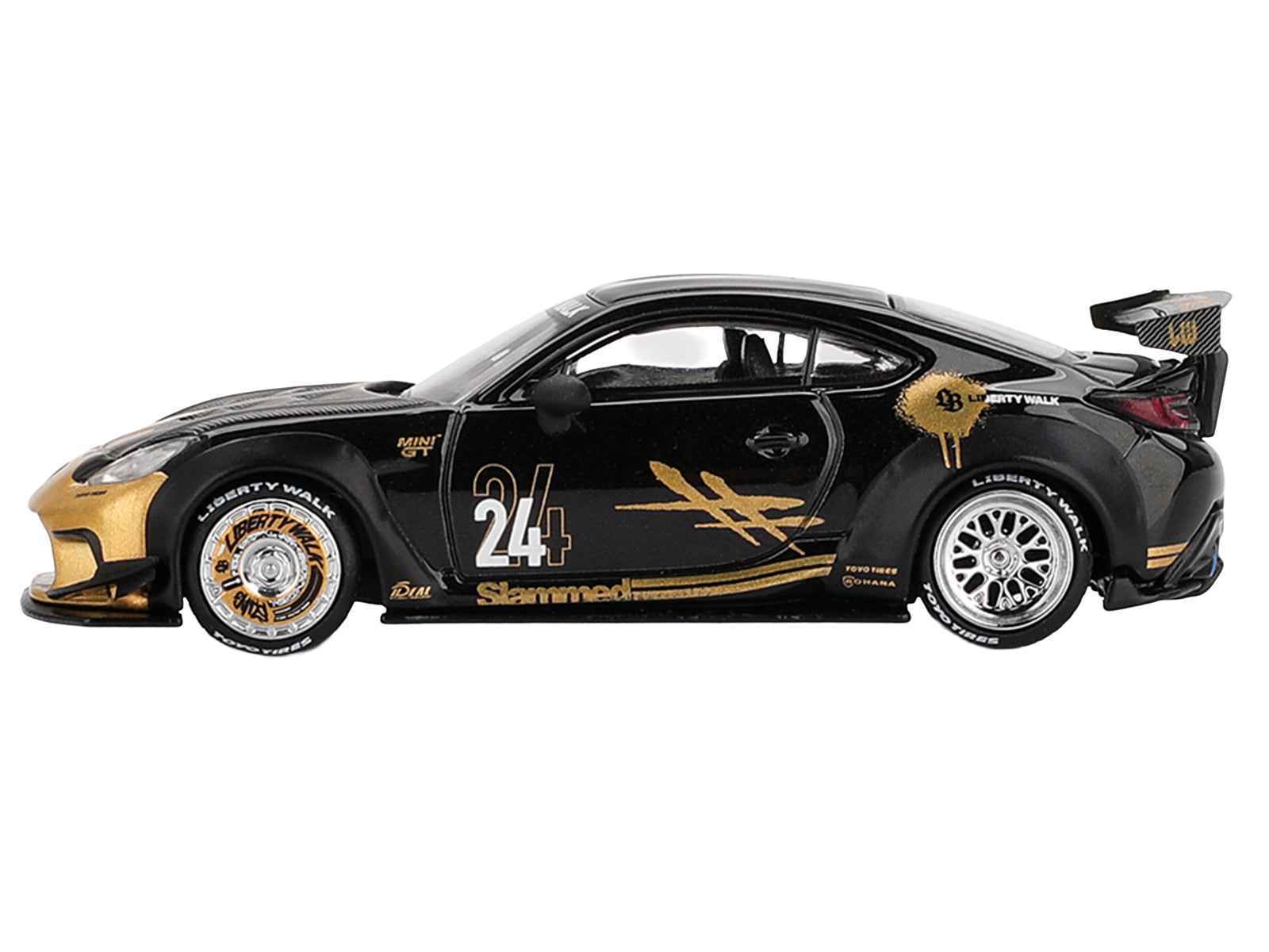 Toyota GR86 "LB-Nation - Liberty Walk" #24 Black with Carbon Hood and Gold Graphics Limited Edition 1/64 Diecast Model Car by Mini GT Cartsfy Inc.