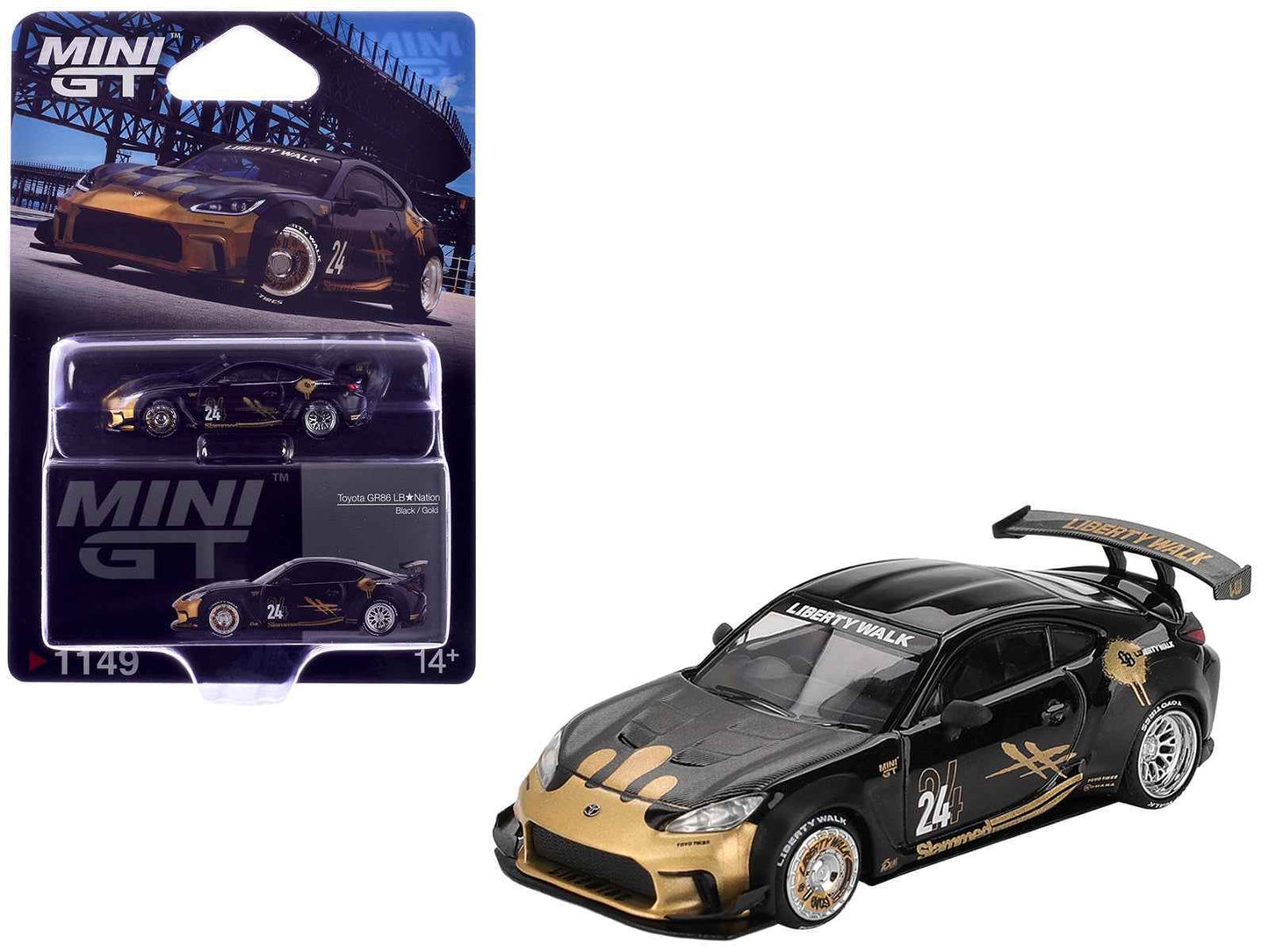 Toyota GR86 "LB-Nation - Liberty Walk" #24 Black with Carbon Hood and Gold Graphics Limited Edition 1/64 Diecast Model Car by Mini GT Cartsfy Inc.