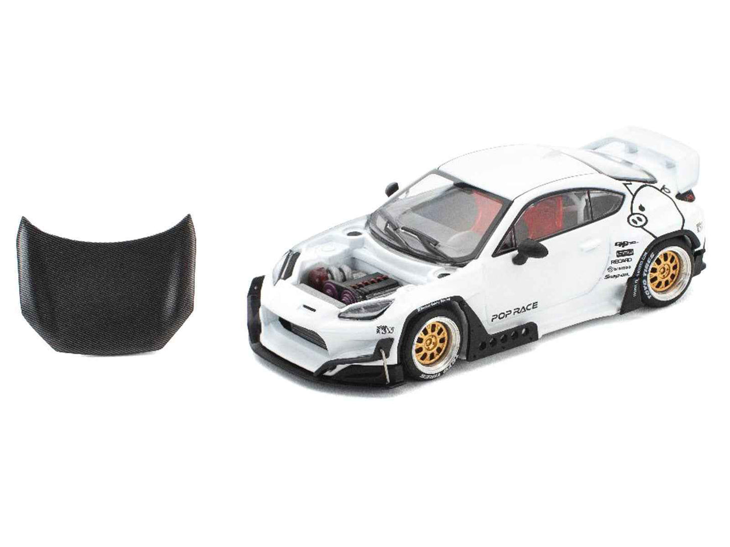 Toyota Pandem GR86 White with Carbon Hood "Enigma Exclusive Edition" 1/64 Diecast Model Car by Pop Race Cartsfy Inc.