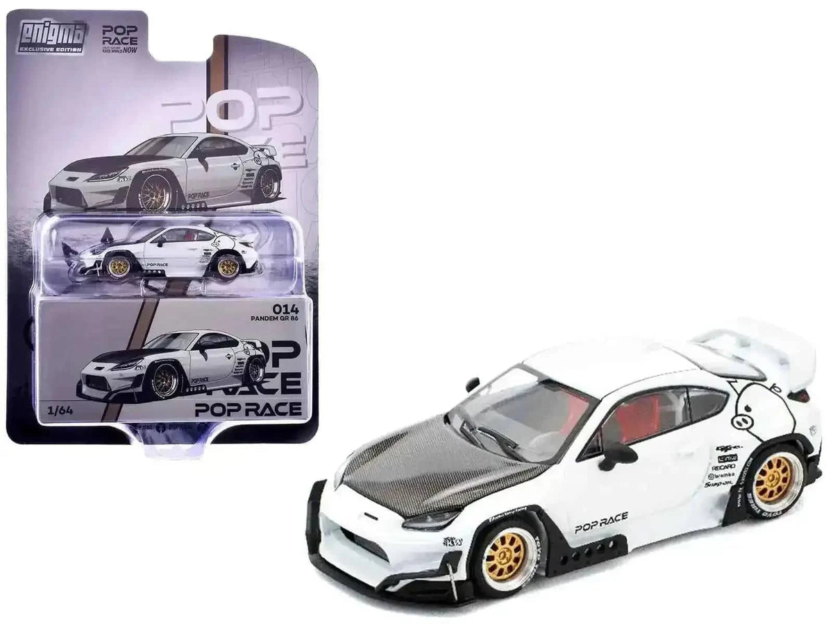 Toyota Pandem GR86 White with Carbon Hood "Enigma Exclusive Edition" 1/64 Diecast Model Car by Pop Race Cartsfy Inc.
