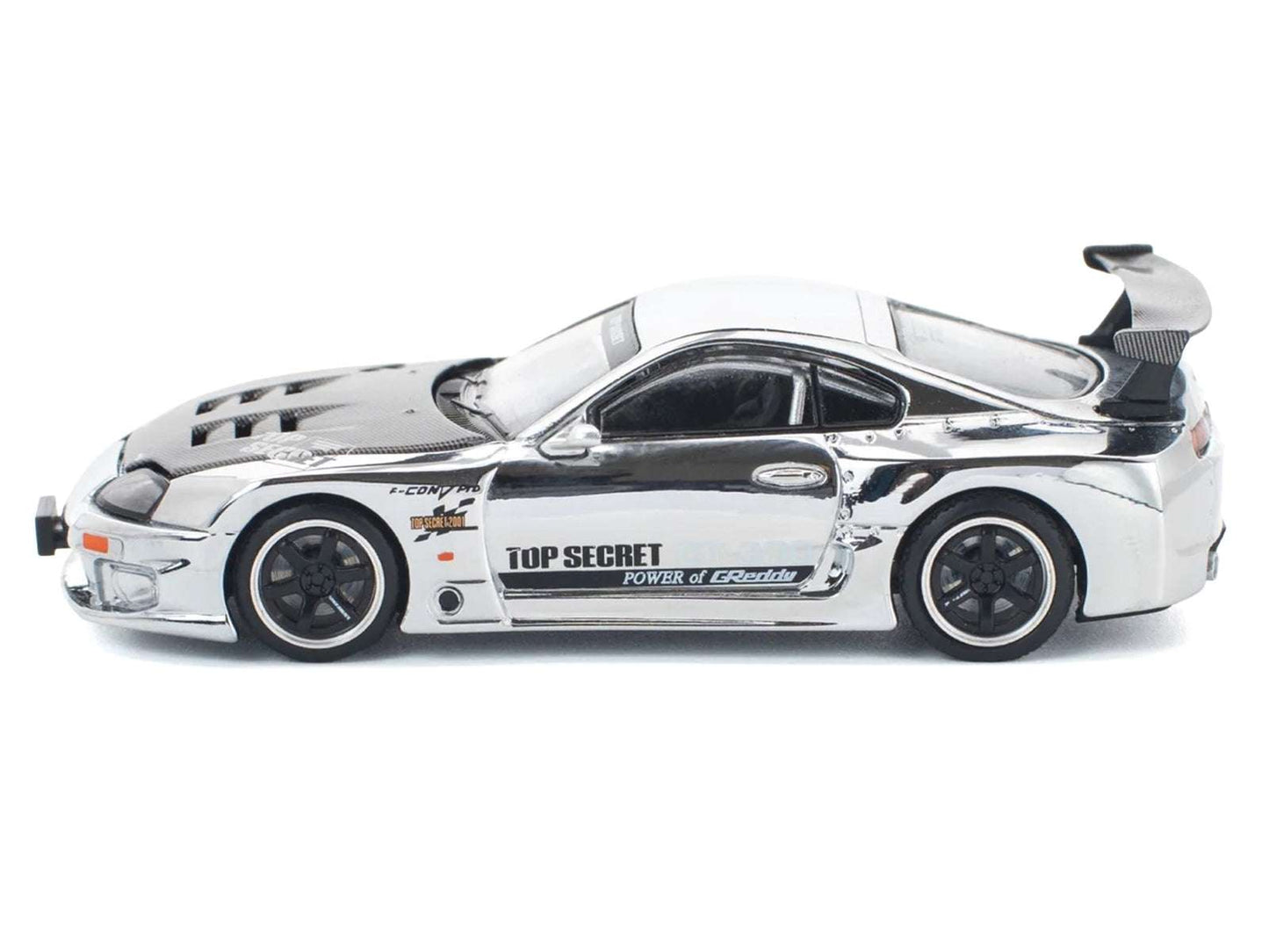 Silver chrome diecast race car model with Top Secret racing decals, black wheels