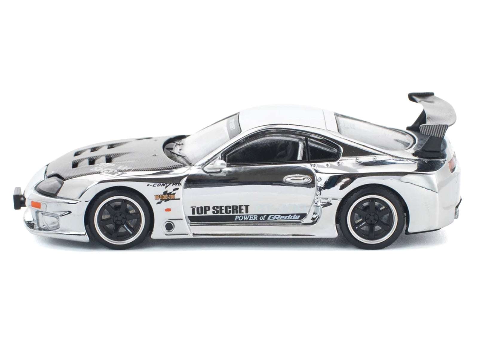 Silver chrome diecast race car model with Top Secret racing decals, black wheels