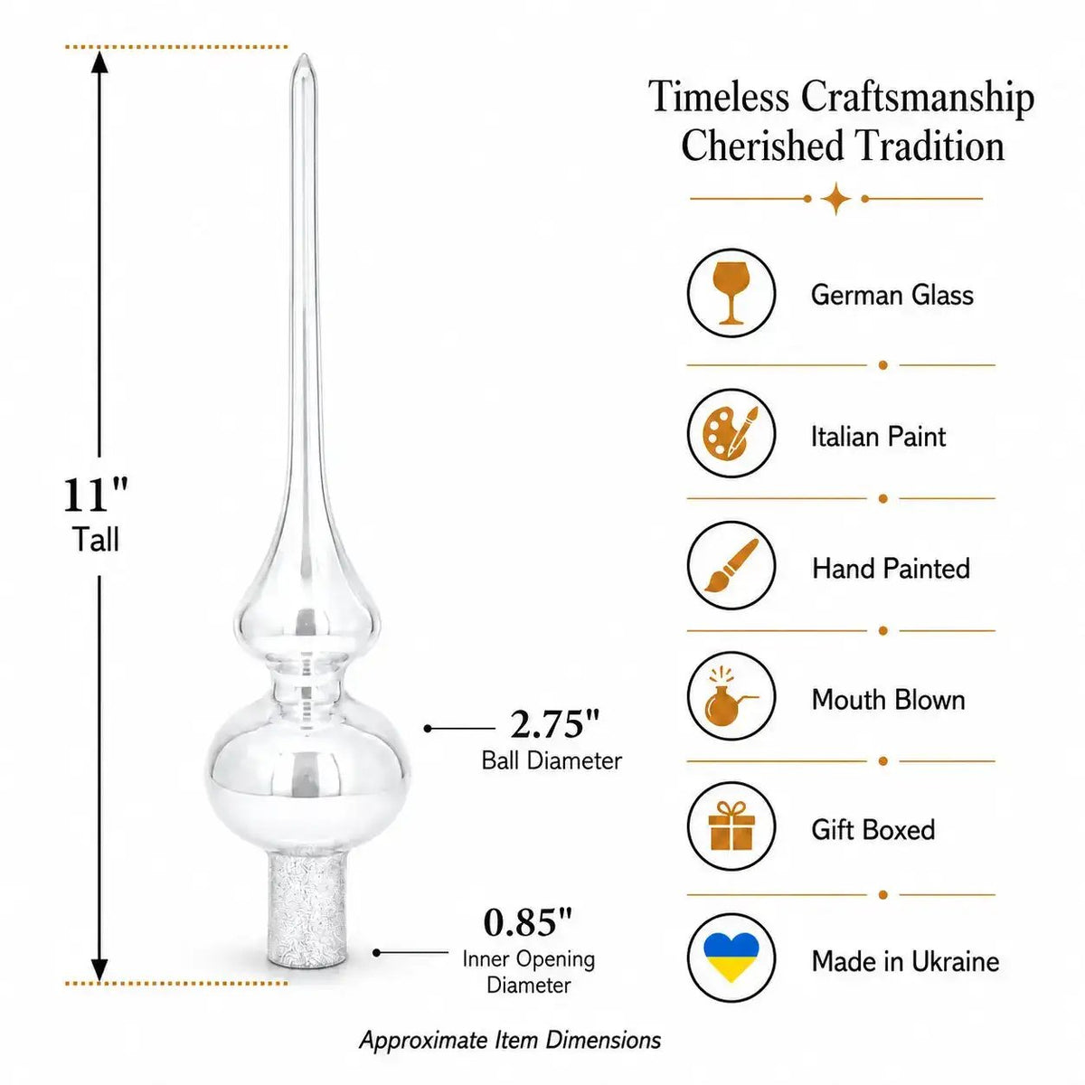 Christmas tree topper size diagram showing 11 in height and 2.75 in ball diameter