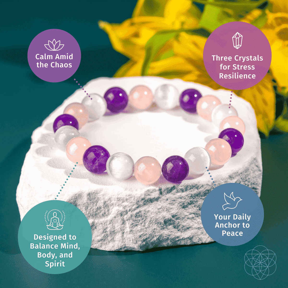 Beaded bracelet on a white stone pedestal with pink, white, and purple stones.