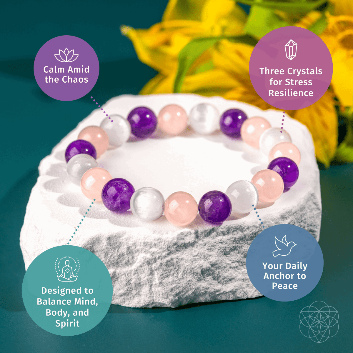 Beaded bracelet with pink, white, and purple round stones resting on a rock