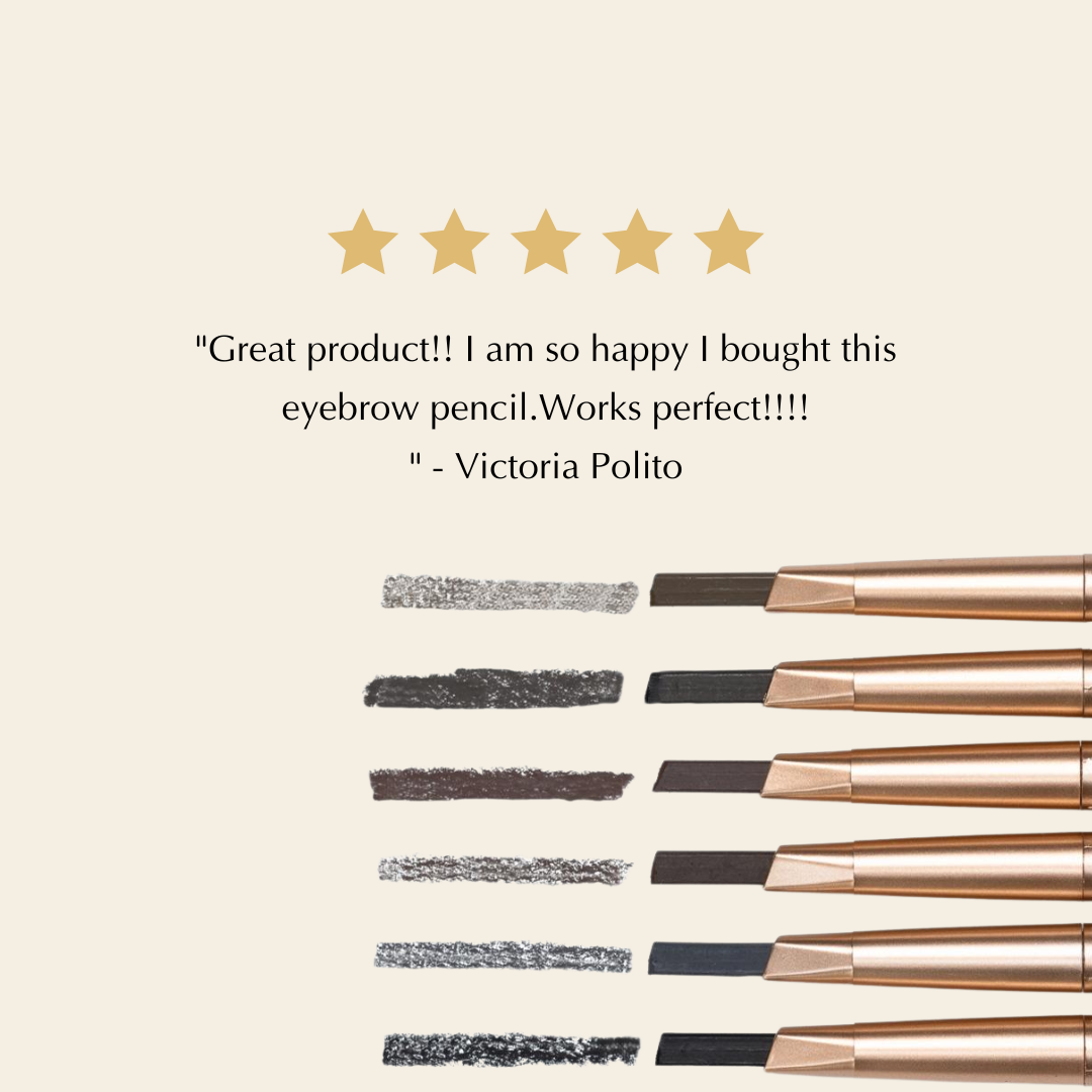 Eyebrow pencil swatches with several pencil shades and beige-gold tubes