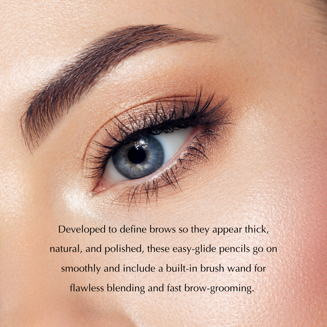 Eyebrow pencil applied on brows above a close-up eye for defined, blended look