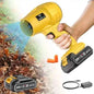 Yellow cordless handheld blower with fan nozzle, battery pack, and charger cable